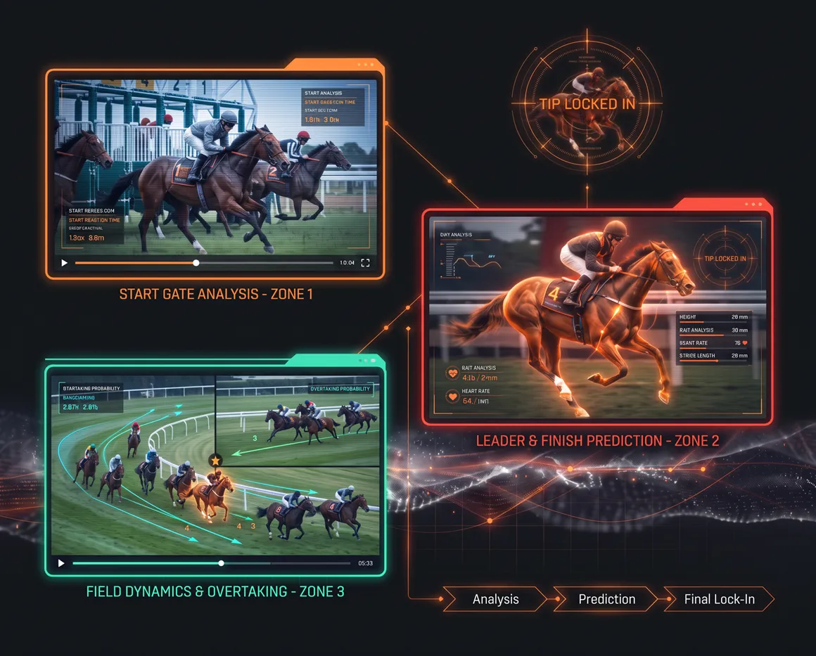 Zone 1 start gate, zone 2 leader and finish prediction, zone 3 field dynamics and overtaking